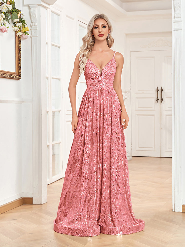 XUIBOL | a-line spaghetti strap sequin prom gown