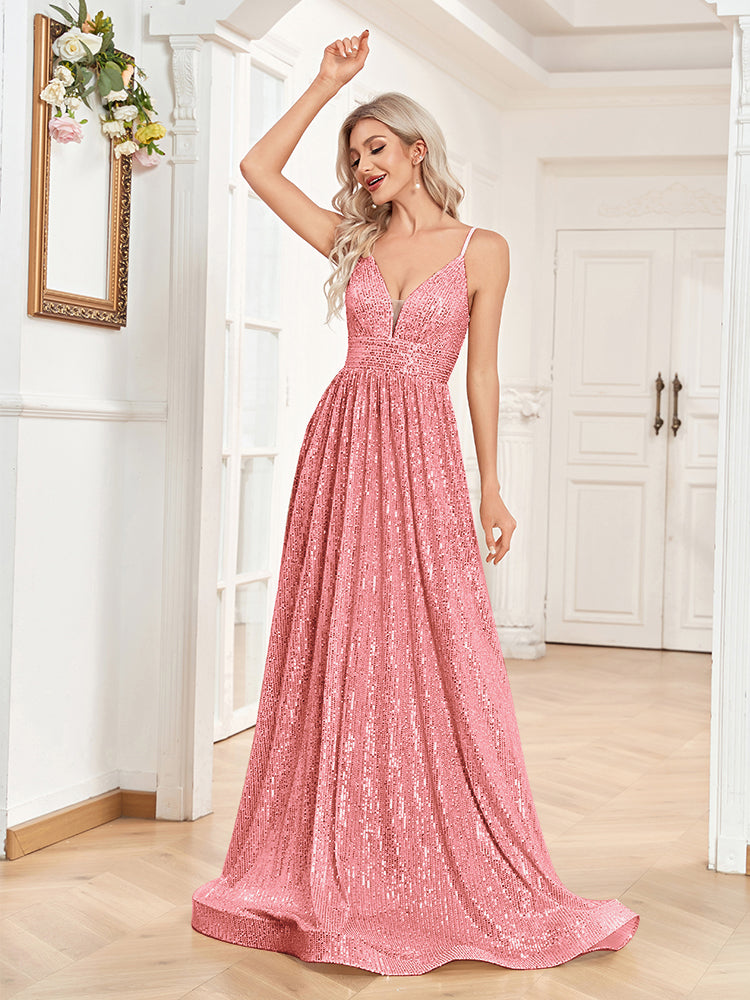 XUIBOL | a-line spaghetti strap sequin prom gown