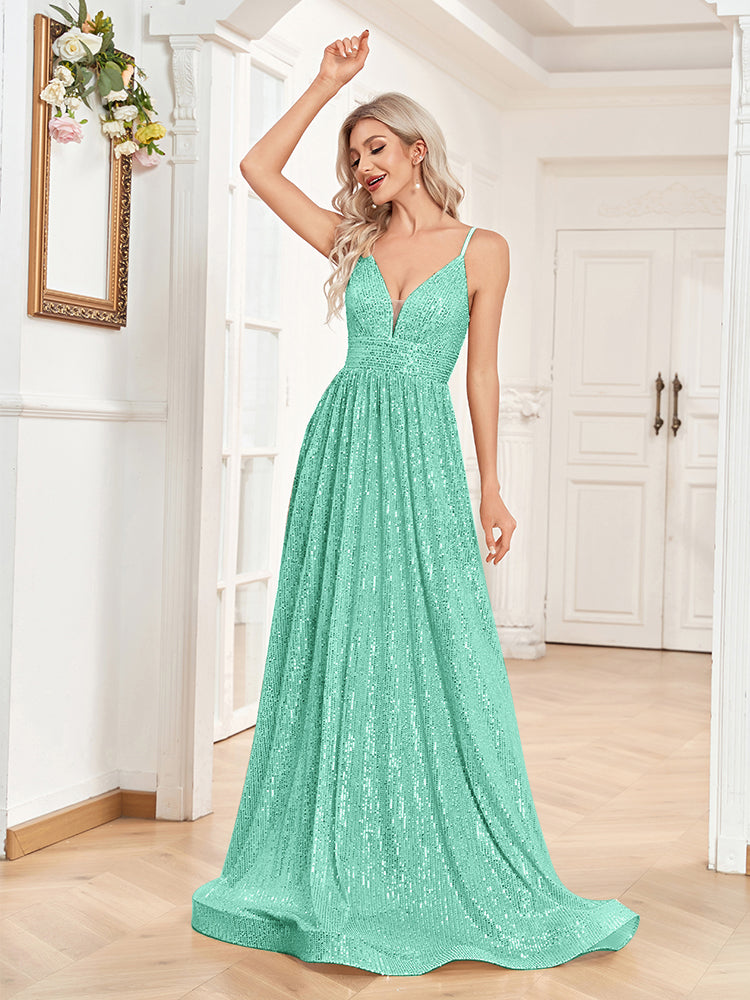 XUIBOL | a-line spaghetti strap sequin prom gown
