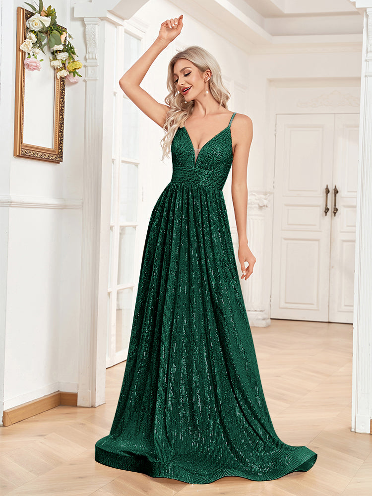 XUIBOL | a-line spaghetti strap sequin prom gown