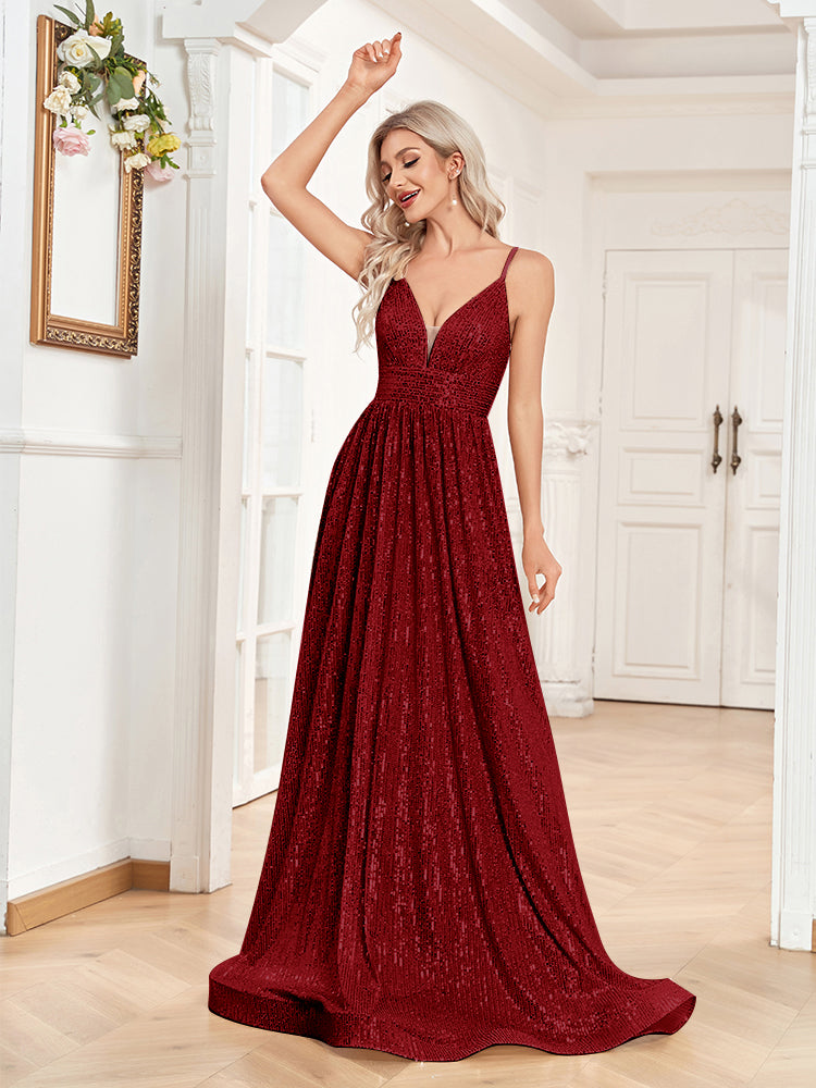 XUIBOL | a-line spaghetti strap sequin prom gown