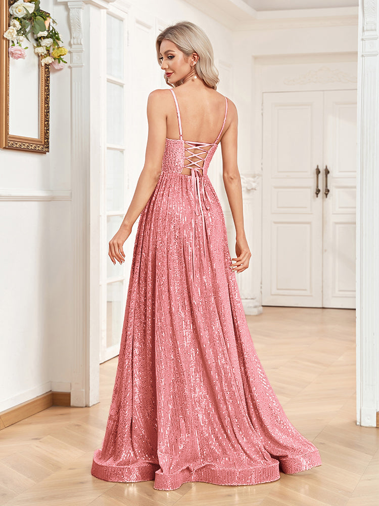 XUIBOL | a-line spaghetti strap sequin prom gown