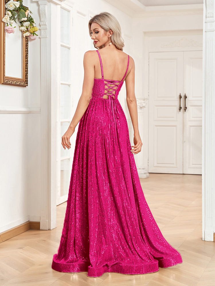 XUIBOL | a-line spaghetti strap sequin prom gown