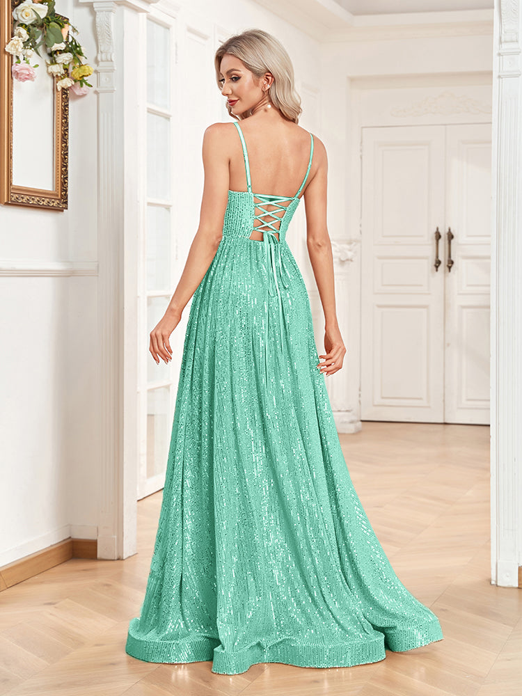 XUIBOL | a-line spaghetti strap sequin prom gown