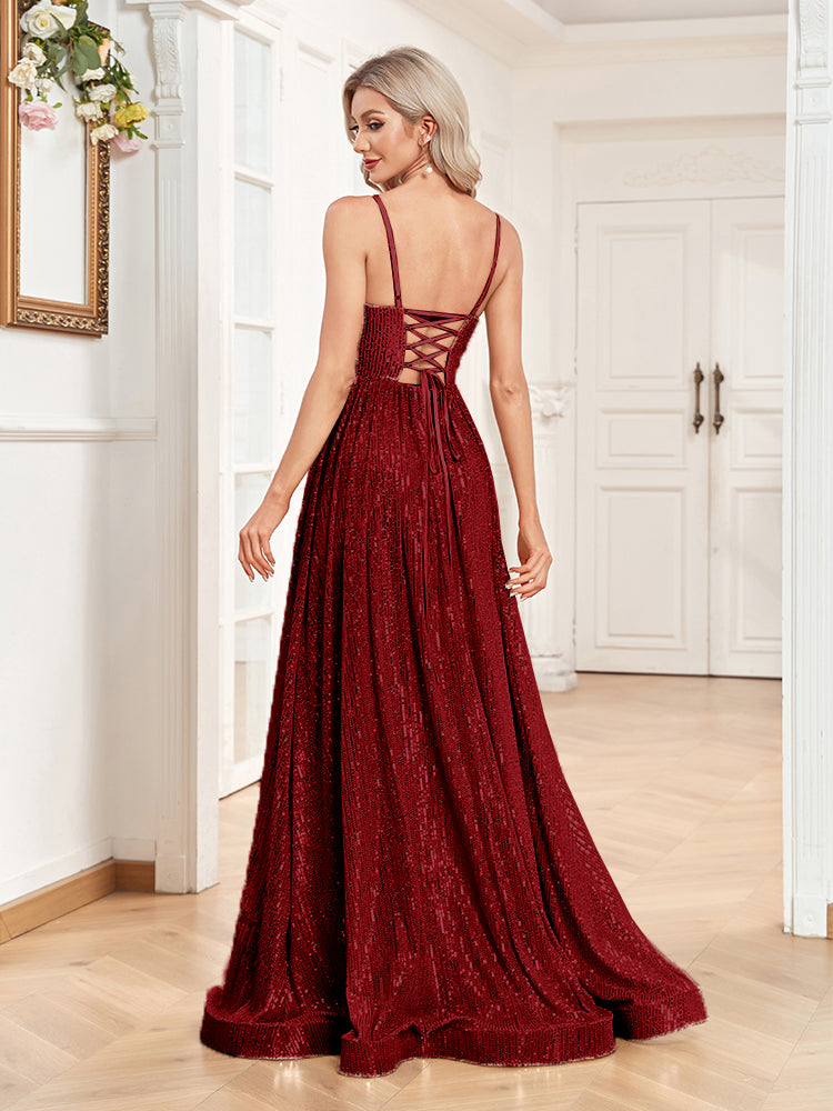 XUIBOL | a-line spaghetti strap sequin prom gown
