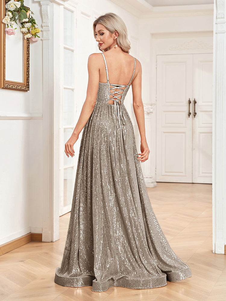 XUIBOL | a-line spaghetti strap sequin prom gown