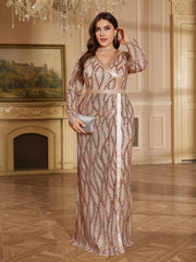 Rose Gold Sequin Wrap V Neck Long Sleeve Slit Maxi Evening Gown