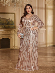 Rose Gold Sequin Wrap V Neck Long Sleeve Slit Maxi Evening Gown