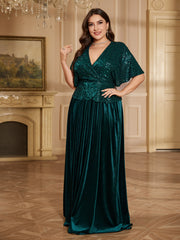 Emerald Green Sequin Wrap V Flutter Sleeve Velvet A Line Evening Gown