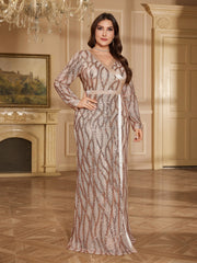 Rose Gold Sequin Wrap V Neck Long Sleeve Slit Maxi Evening Gown