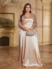 Champagne Satin Rose Gold Sequin Wrap V A Line Evening Gown
