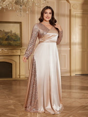 Champagne Satin Rose Gold Sequin Wrap V A Line Evening Gown