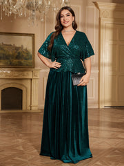Emerald Green Sequin Wrap V Flutter Sleeve Velvet A Line Evening Gown