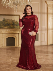 Burgundy Sheer Mesh Long Sleeve Heart Neck Mermaid Evening Gown