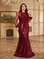 Burgundy Sheer Mesh Long Sleeve Heart Neck Mermaid Evening Gown