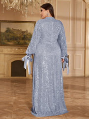 Champagne Bronze Floral Sequin Asymmetric Sleeve Mermaid Evening Gown