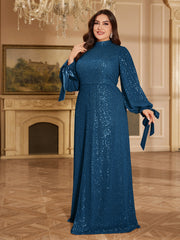 Champagne Bronze Floral Sequin Asymmetric Sleeve Mermaid Evening Gown