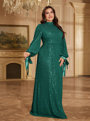 Champagne Bronze Floral Sequin Asymmetric Sleeve Mermaid Evening Gown