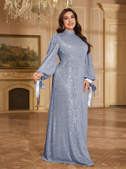 Champagne Bronze Floral Sequin Asymmetric Sleeve Mermaid Evening Gown