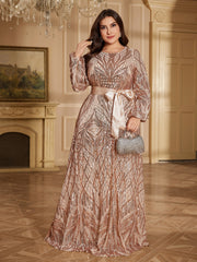 Rose Gold Geometric Sequin Round Neck Lantern Sleeve A Line Evening Gown