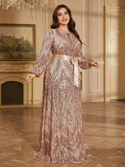 Rose Gold Geometric Sequin Round Neck Lantern Sleeve A Line Evening Gown