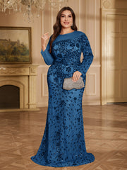 Champagne Bronze Floral Sequin Asymmetric Sleeve Mermaid Evening Gown
