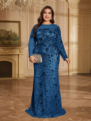 Champagne Bronze Floral Sequin Asymmetric Sleeve Mermaid Evening Gown