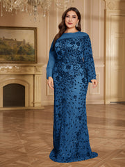 Champagne Bronze Floral Sequin Asymmetric Sleeve Mermaid Evening Gown