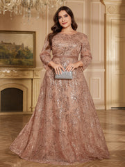 Rose Gold Floral Sequin Bateau Neck 3/4 Sleeve A Line Evening Gown