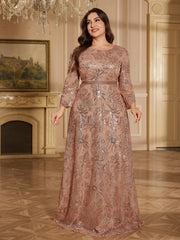 Rose Gold Floral Sequin Bateau Neck 3/4 Sleeve A Line Evening Gown