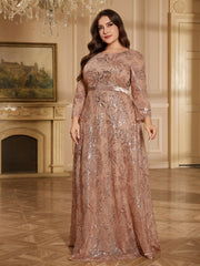 Rose Gold Floral Sequin Bateau Neck 3/4 Sleeve A Line Evening Gown