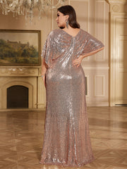 Rose Gold Sequin Wrap V Batwing Sleeve Mermaid Evening Gown