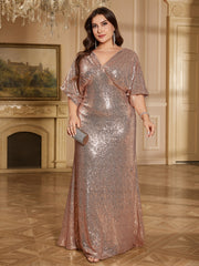 Rose Gold Sequin Wrap V Batwing Sleeve Mermaid Evening Gown