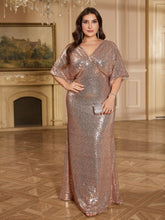Rose Gold Sequin Wrap V Batwing Sleeve Mermaid Evening Gown