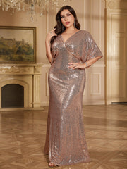 Rose Gold Sequin Wrap V Batwing Sleeve Mermaid Evening Gown