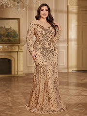 Champagne Bronze Floral Sequin Off Shoulder Long Sleeve Mermaid Gown