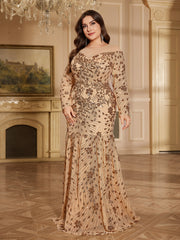 Champagne Bronze Floral Sequin Off Shoulder Long Sleeve Mermaid Gown