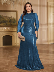 Burgundy Sheer Mesh Long Sleeve Heart Neck Mermaid Evening Gown