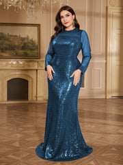 Burgundy Sheer Mesh Long Sleeve Heart Neck Mermaid Evening Gown