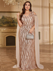 Rose Gold Sequin Cold Shoulder Cape Sleeve Mermaid Evening Gown