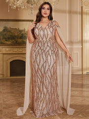 Rose Gold Sequin Cold Shoulder Cape Sleeve Mermaid Evening Gown