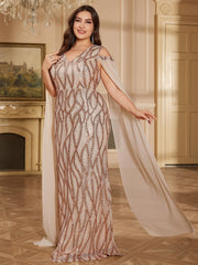 Rose Gold Sequin Cold Shoulder Cape Sleeve Mermaid Evening Gown