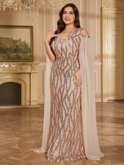Rose Gold Sequin Cold Shoulder Cape Sleeve Mermaid Evening Gown