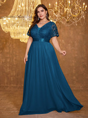 V-neck Elegant Mesh Patchwork Embroidered Short Sleeved Long Dress