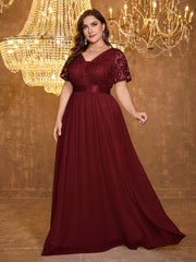 V-neck Elegant Mesh Patchwork Embroidered Short Sleeved Long Dress