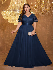 Embroidered Mesh Evening Dress