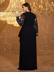 Elegant Plus Size Round Neck Slit Hip Hugging Long Sequined Heavy-Duty Dress