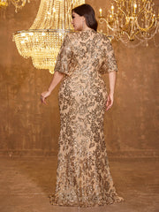 V-neck Elegant Five Quarter Lotus Leaf Sleeve Long Sequined Dress
