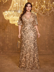 V-neck Elegant Five Quarter Lotus Leaf Sleeve Long Sequined Dress