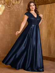 Elegant V-neck Short Sleeved Patchwork Oversized Skirt Long Sequined Dress